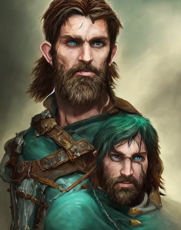 Prompt: An epic fantastic realism comic book style portrait painting of an arrogant half elf ranger with shaggy brown hair, scruffy beard, scar on face, teal tunic, D&D Concept Art, unreal 5, DAZ, trending on deviantart hyperrealistic, octane render, cosplay, RPG portrait, dynamic lighting