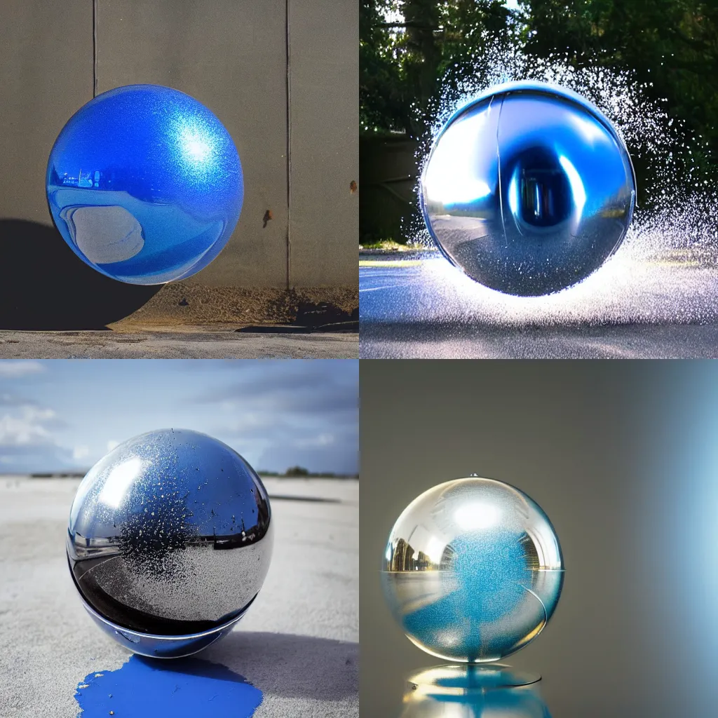Prompt: a reflective steel sphere splashes into a can of blue paint, slow motion