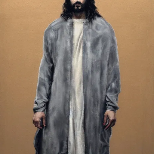 Prompt: a full body lookbook portrait of modern - day jesus wearing grey yeezy and fear of god menswear collection by nicola samori, detailed, oil painting, hyper - realistic, 8 k, yeezy collection