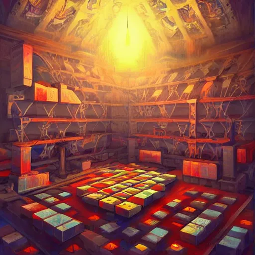 Image similar to a beautiful painting of an abandoned rubik's cube factory, inspired by cyril rolando, ornate, intricate, emitting light ornaments, volumetric lighting, cgsociety, terracotta red, very detailed, trending on artstation, 8 k