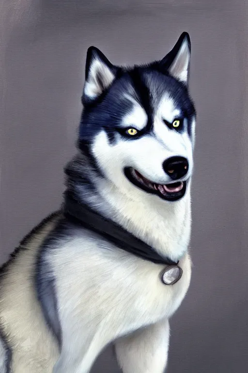 Prompt: a character design of a husky wearing a white vest, portrait painting, furry, anime