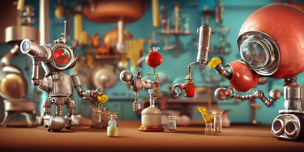 Image similar to closeup portrait of tin toy retro chemist robot mixing chemicals and cooking pastry cake in a kitchen, depth of field, zeiss lens, detailed, centered, fashion photoshoot, by nicoletta ceccoli, mark ryden, lostfish, breathtaking, 8 k resolution, extremely detailed, beautiful, establishing shot, artistic, hyperrealistic, octane render