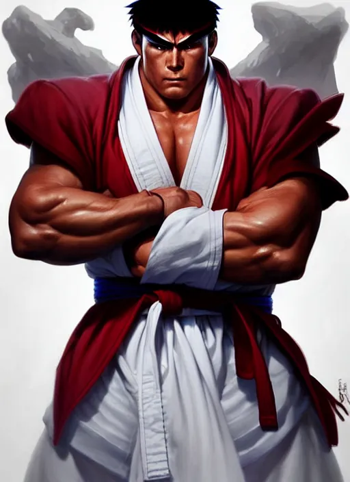 Prompt: Portrait of Ryu from Street Fighter, muscular, robes! intricate, elegant, highly detailed, digital painting, artstation, concept art, smooth, sharp focus, illustration, art by artgerm and greg rutkowski and alphonse mucha