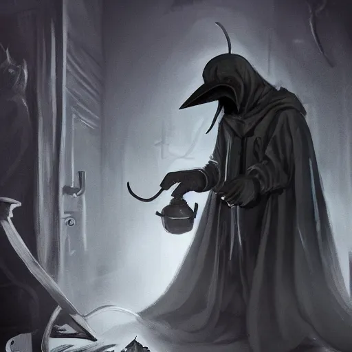 Image similar to a plague doctor experimenting on his patient in a darkly lit dungeon, concept art wlop artstation trending