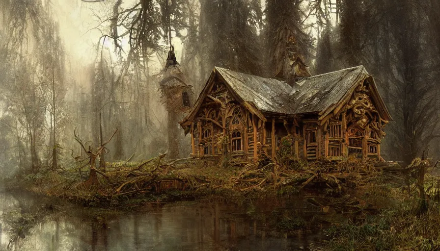 Image similar to a beautiful intricate painting of a abandoned log church in dark evil fantasy forest, reflections, very high details by william turner art, greg rutkowski and alphonse mucha, trending on artstation, very very detailed, masterpiece,