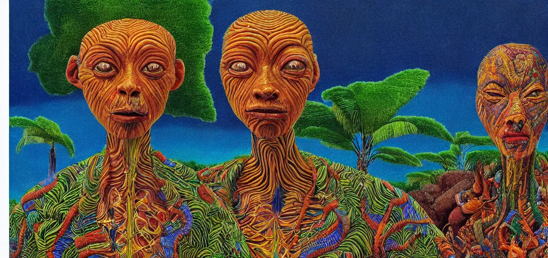 Image similar to very high resolution image from a new movie. a beautiful tropical landscape, portrait of an alien. 2 4 mm, photorealistic, photography, directed by mati klarwein