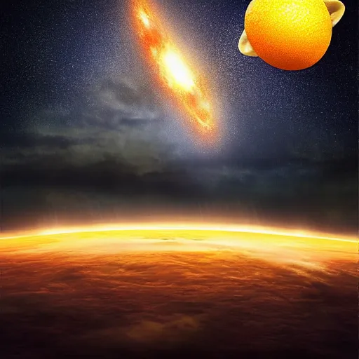 Image similar to lemon entering the earths atmosphere, fireball, milky way galaxy in the background, comet trail, digital art, highly detailed, cinematic, dramatic lighting