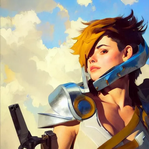 Image similar to greg manchess painting of tracer wearing a knight armor, medium shot, organic painting, sunny day, bold shapes, hard edges, street art, trending on artstation, by huang guangjian and gil elvgren and sachin teng and artgerm and greg rutkowski and alphonse mucha