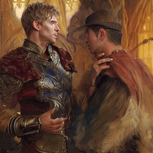 Image similar to attractive arthur pendragon confesses his love to attractive male merlin. highly detailed painting by gaston bussiere, craig mullins, j. c. leyendecker 8 k