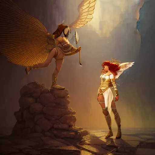 Image similar to An illustrationof a portrait of a young Knights of Zodiac girl, wings, fighting at ancinet Agora of Athens, ruins, Golden Light, illustration, art by WLOP, NIXEU and greg rutkowski and alphonse mucha, volumetric light, lightrays, smoke, cinematic, intricate, hypermaximalist, super detailed