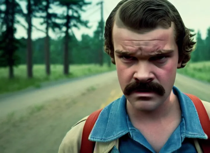 Image similar to film still of jim hopper as steve harrington in stranger things, 8 k