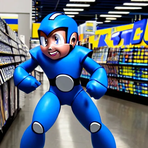 Image similar to uhd photorealisitc candid photo of mega - man at best buy, smashing electronics. correct costume. correct face, accurate face. photo by annie leibowitz and steve mccurry