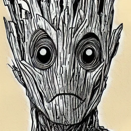 Prompt: groot baby ghost dark cyber scifi ambiance drawing