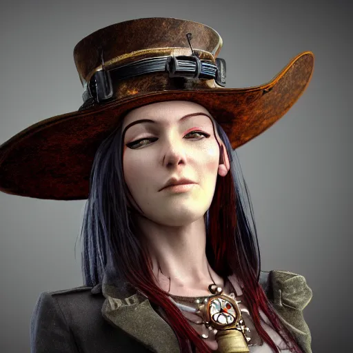 Prompt: a steampunk woman, long hair, aged 4 0, wearing a steampunk hat made of junk, photo realistic, real life, octane render, trending on artstation