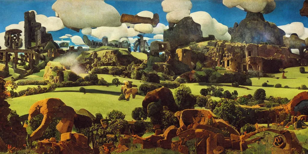 Prompt: bucolic landscape with antique ruins, high detail, crepuscular ray, light through the mist, dramatic lighting, by Grant Wood, by Bekzinsky, by Salvador Dali, by Antoni Gaudi, by Maxfield Parrish, by Nicholas Roerich, by H.R. Giger