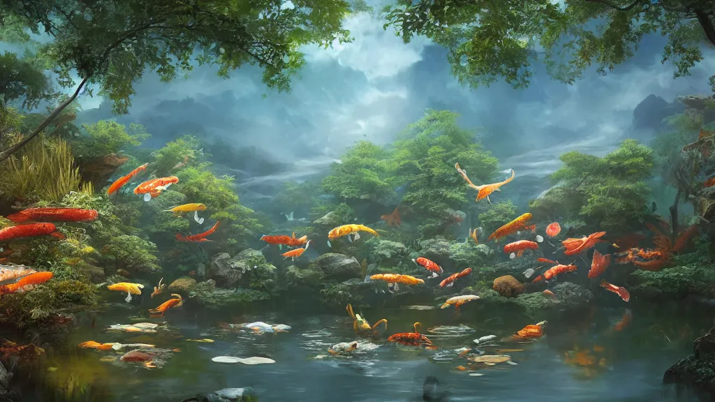 Prompt: a ultradetailed beautiful matte painting showing a close view of a peaceful pond with a clear water and amazingly beautiful carp koi, dramatic lighting, dynamic lighting, cinematic lighting, by krenz cushart and artgerm, unreal engine, featured on artstation