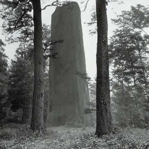 Prompt: old photograph of a giant monolith in a haunted forest