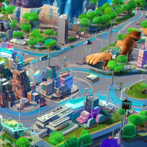 Image similar to The isometric perspective and UI of the PC game SimCity, applied to Zootopia by Disney.