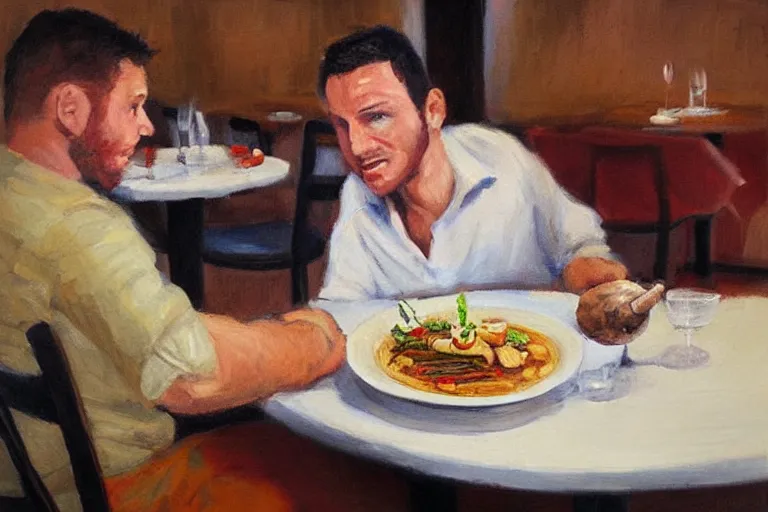 Image similar to busser in a restaurant declares his undying love to an empty plate, art by dean macadam