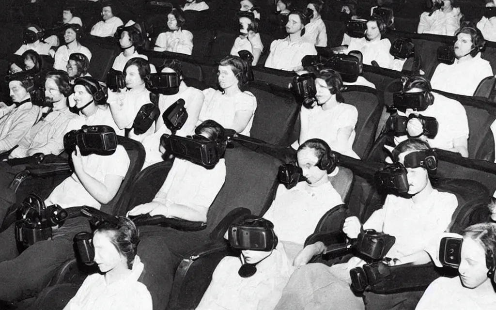 Prompt: 1 9 0 0 s photo of people using iphones ipods virtual reality headsets vr in a movie theater