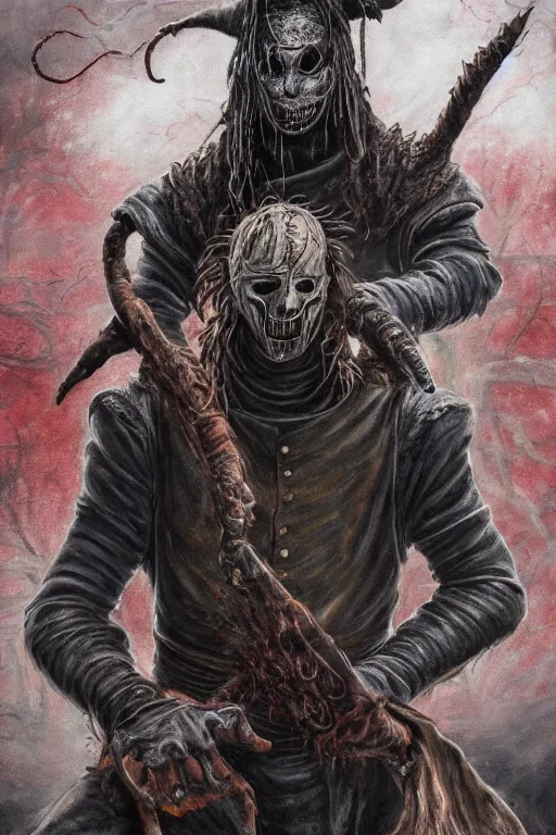 Image similar to a full body high detail fantasy portrait oil painting illustration of slipknot band bloodborne by justin sweet with face and body clearly visible, in a scenic background, insane, realistic proportions, d & d, rpg, forgotten realms, artstation trending, high quality, sombre mood, artstation trending, muted colours, entire person visible!