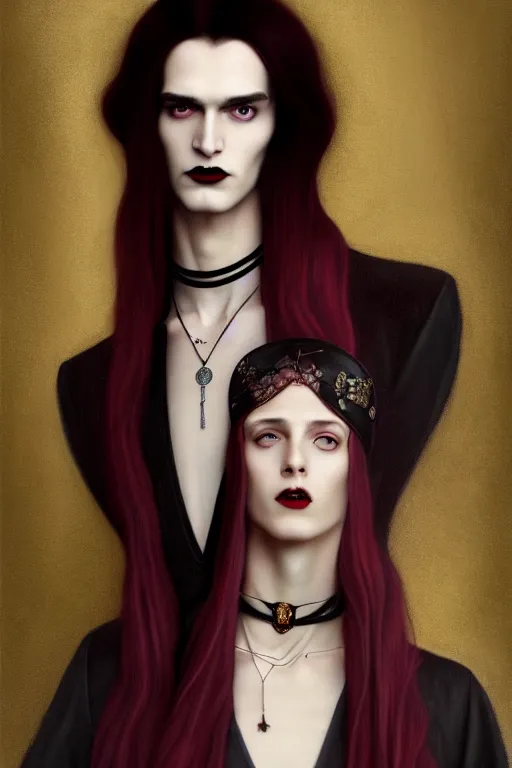 Image similar to a beautiful feminine androgynous man, long hair, tall and thin, vampire, dressed in velvet, fully dressed, wearing several pendants and a choker, illustration, dramatic lighting, soft details, painting oil on canvas, art nouveau, octane render, hdr, 4 k, 8 k, hd, by edmund blair leighton, brom, charlie bowater, faces by otto schmidt