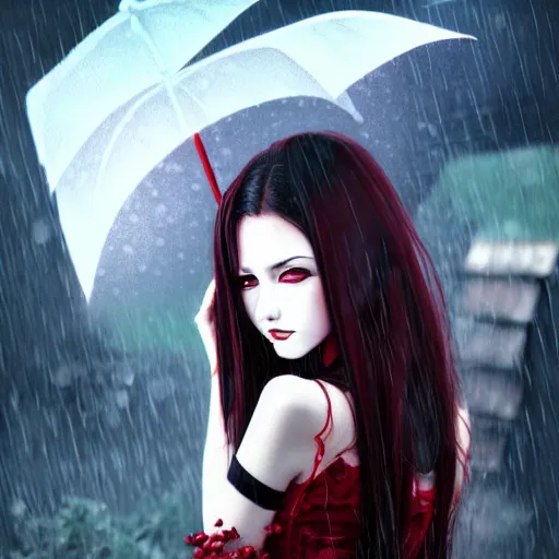 Image similar to beautiful seductive female vampire, in the rain, highly detailed, painting, dark red and black color palette, intricate, high quality anime artstyle, in the style of sana takeda