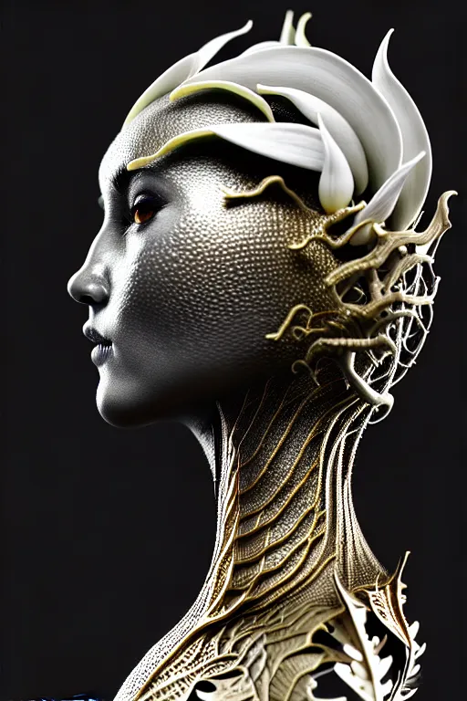 Image similar to bw close - up profile face, black background, beautiful young porcelain vegetal - dragon - cyborg - female, 1 5 0 mm, beautiful natural soft rim light, silver gold details, magnolia leaves and stems, roots, mandelbot fractal, elegant, ultra detailed, white metallic armour, octane render, h. r. giger style