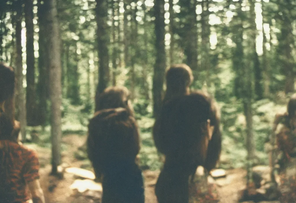 Prompt: lomo photo of two humans standing in front of a large cabin, cinestill, bokeh, out of focus, day, dramatic lighting