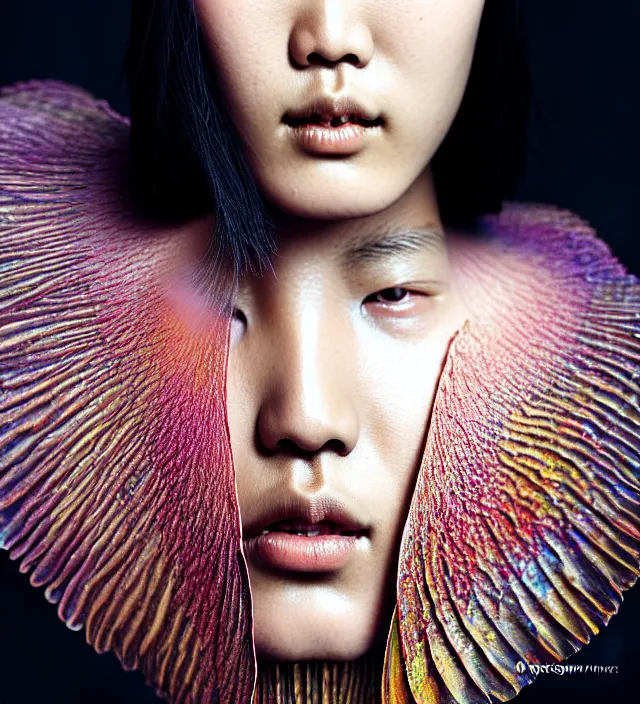 Image similar to photography facial portrait of liu wen, natural background, natural pose, wearing stunning cape by iris van herpen, with a colorfull makeup. highly detailed, skin grain detail, photography by paolo roversi, nick knight, helmut newton, avedon, araki