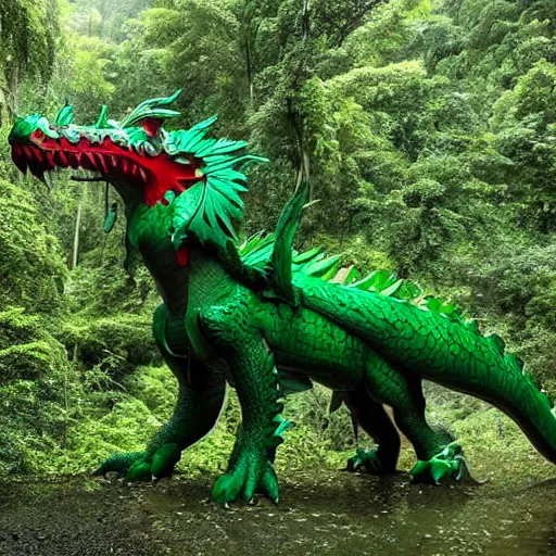 Image similar to a large gigantic green and red beautiful large dragon in a rain forest