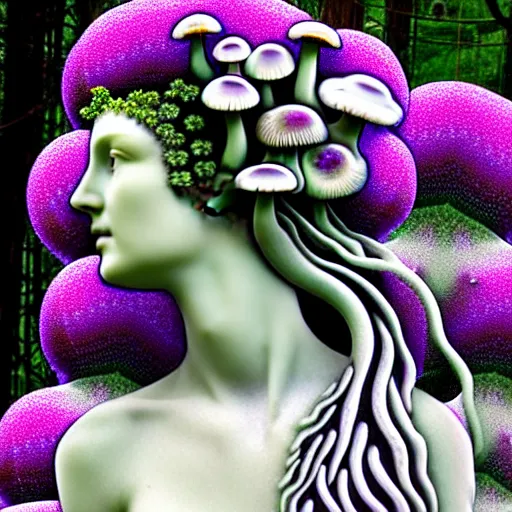 Prompt: a fully clothed idealistic marble statue with fractal flowery hair in a fractal garden, glowing delicate flower and mushrooms that grow in a dark fatansy forest on the planet pandora,, symmetrical,