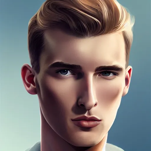 Image similar to tall man in his twenties with brown blond short quiff hair and slightly round facial structure with cleft chin, straight eyebrows and prominent nose, good definition of cheekbones, big hazel nut brown eyes, narrow face, slim body, atmospheric lighting, painted, intricate, 4 k, highly detailed by charlie bowater