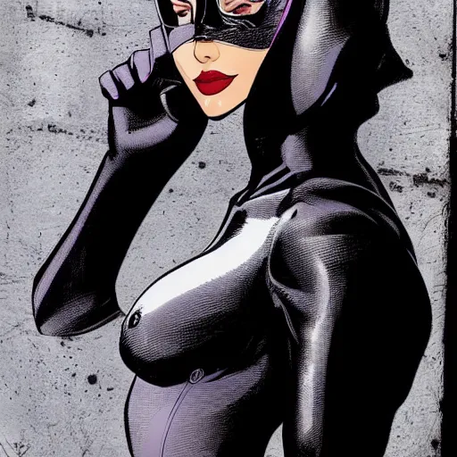 Image similar to High definition, high octane, award winning full body shot of Catwoman posing for the camera in revealing clothing, realistic