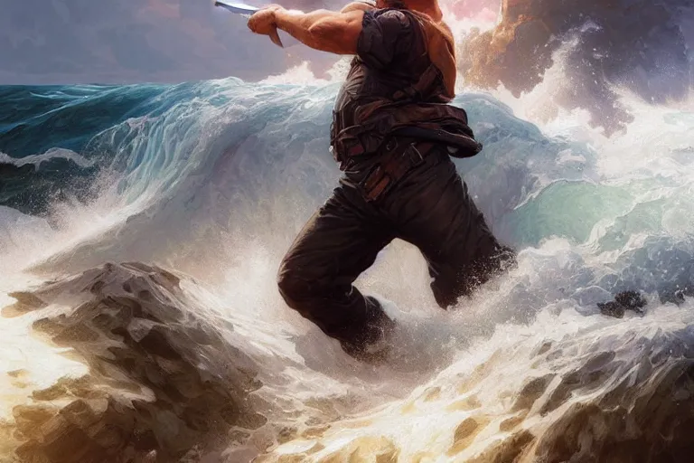 Prompt: a man fights an explosive wave with a knife, portrait, highly detailed, digital painting, artstation, concept art, smooth, sharp focus, illustration, cinematic lighting, art by artgerm and greg rutkowski and alphonse mucha