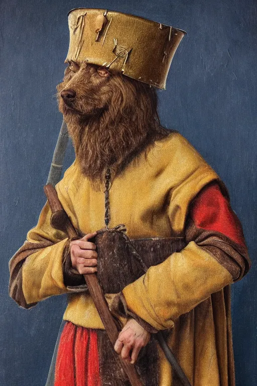 Prompt: Slavic dog head man, woolen torso in medieval clothes, Orthodox Saint Christopher, oil painting, hyperrealism, beautiful, high resolution, trending on artstation, holding axe,