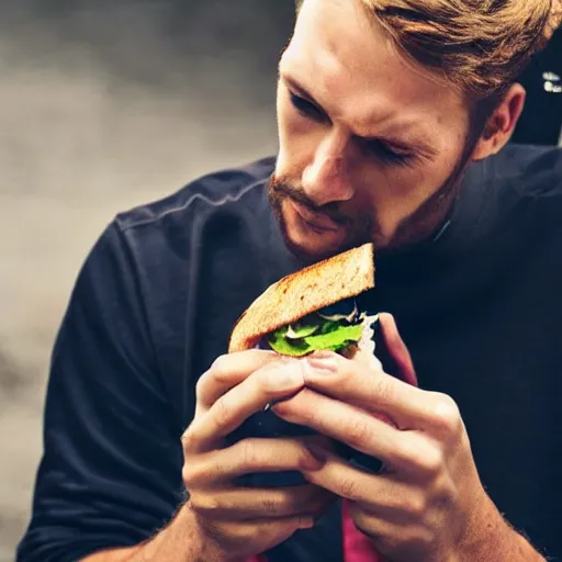 Image similar to a man eating a sandwhich while looking sad, realistic photo,