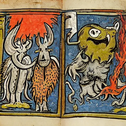 Image similar to medieval bestiary of repressed emotion monsters and creatures starting a fiery revolution in the psyche