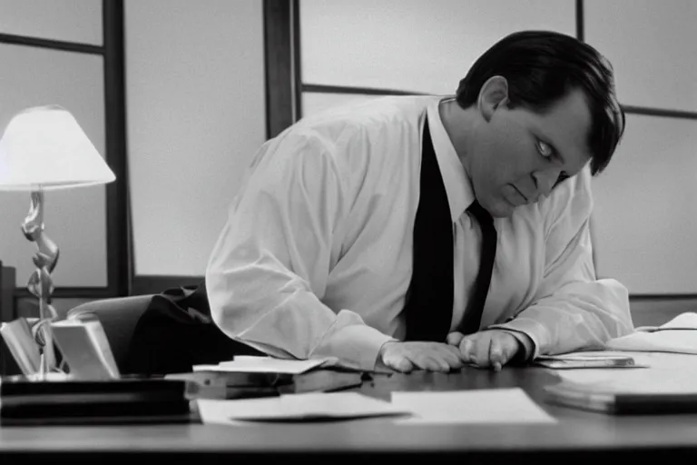 Image similar to cinematic film still from 1994 film: portly clean-shaven white man wearing suit and necktie at his desk, holding his left foot up in the air, XF IQ4, f/1.4, ISO 200, 1/160s, 8K, RAW, dramatic lighting, symmetrical balance, in-frame