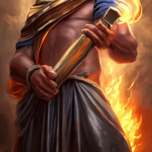 Prompt: Absolutely gorgeous greek god of smithing holding the hammer of creating setting the city of the gods on fire, cinematic lighting, high quality 8k hd, oil on canvas, hyperralistic art