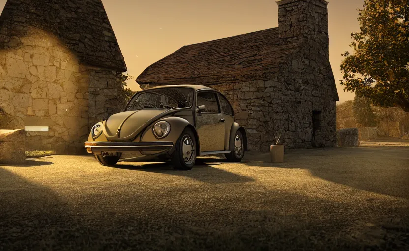 Prompt: a vw beetle parked near a small medieval stone house at sunrise, concept art, octane render, unreal engine 5, trending on artstation, high quality, 8 k, soft lighting, path traced, hyperrealistic, highly detailed, digital art, symmetrical, cinematic, high coherence, godrays