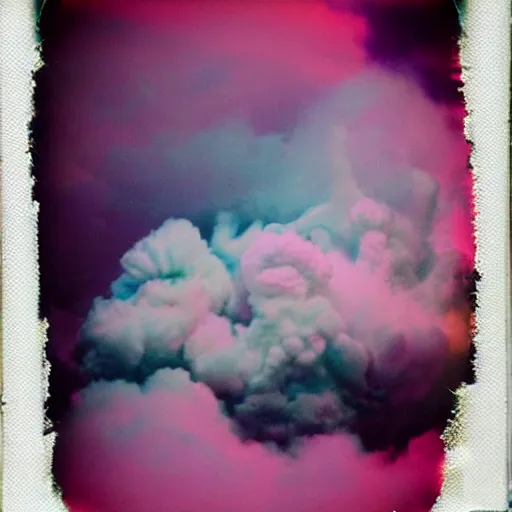 Image similar to polaroid of everything made from cotton candy, smoke, and clouds, mix, DADA collage, texture, lomography, fashion neon light in darkness