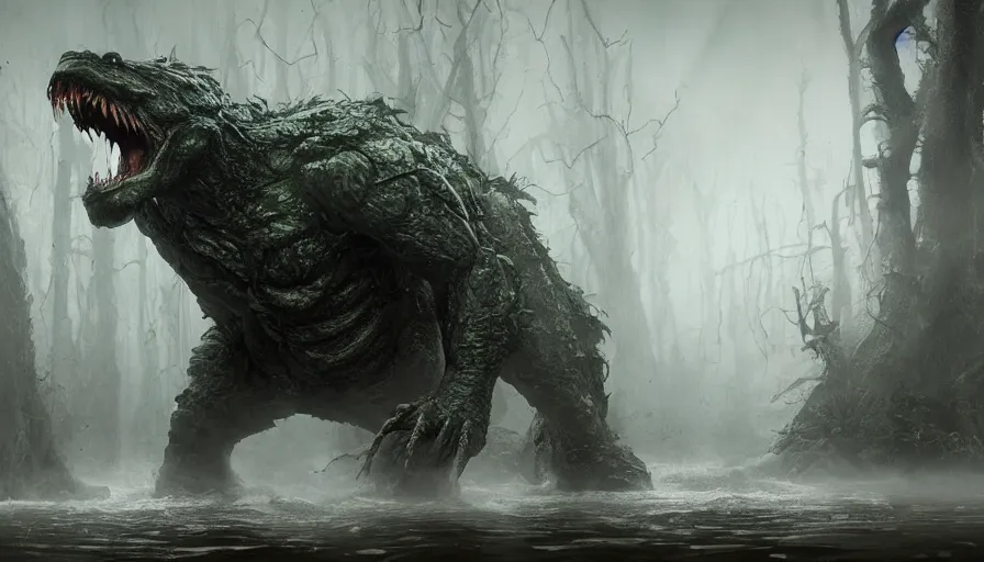 Image similar to Giant monster coming out of the swamp in the mist, hyperdetailed, artstation, cgsociety, 8k