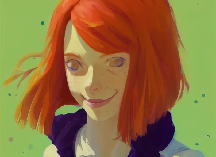 Prompt: portrait of a beautiful smiling girl with orange hair and freckles, green eyes, highly detailed, digital painting, concept art, smooth, sharp, focus, background is purple, digital painting, artstation, highly detailed, by makoto shinkai and thomas kindle and James gilleard