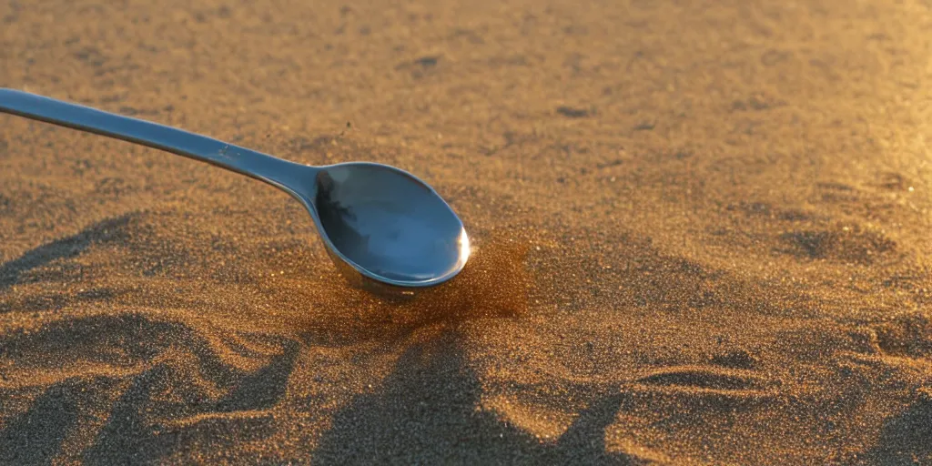 Prompt: A silver spoon on a golden sand beach at sunset