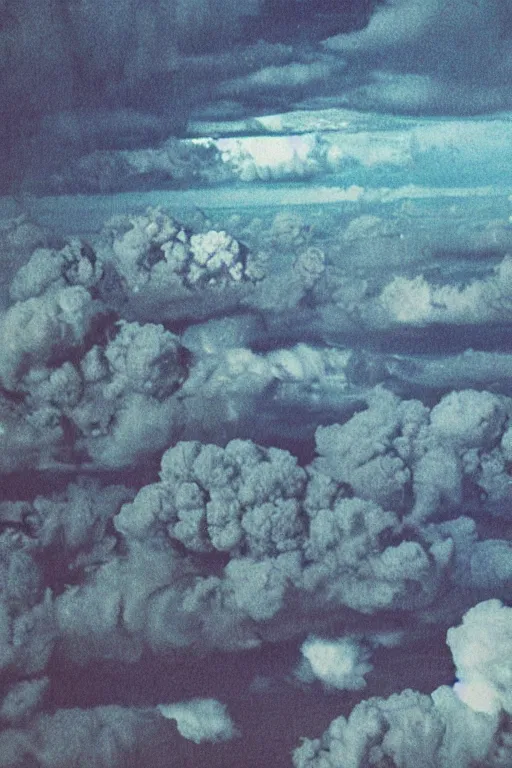 Prompt: weathered analog photograph of an atomic bomb explosion, seen from above, detailed clouds, warm azure tones, red color bleed, film grain