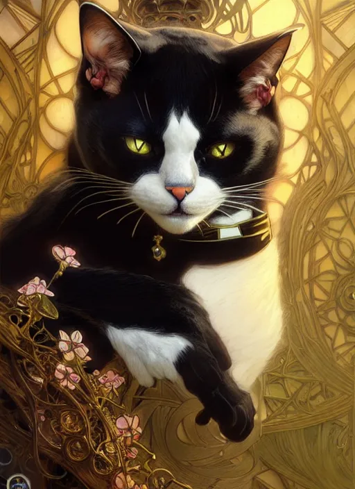 Image similar to cat with tuxedo markings, fantasy, intricate, elegant, hyper detailed, ultra definition, photoreal, artstation, unreal engine rendered, concept art, smooth, sharp focus, illustration, art by artgerm and greg rutkowski and alphonse mucha and garis edelweiss