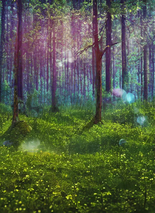 Image similar to deep in the blueberry forest, hazy summer day, detailed digital art, dreamy, 8k, octane render, depth of field