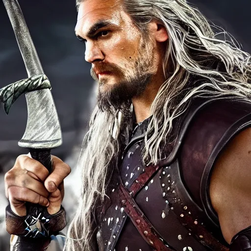 Image similar to Jason Momoa as Geralt of Rivia, from Witcher (2021), medium shot, high-quality photo,