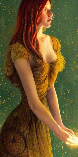 Prompt: an astonished young woman surrounded by golden firefly lights in a mesmerizing scene, sitting amidst nature fully covered, intricate detailed dress, long loose red hair, precise linework, accurate green eyes, small nose with freckles, smooth oval head, expressive emotions, hyper realistic ultrafine portrait by artemisia gentileschi, jessica rossier, artgerm